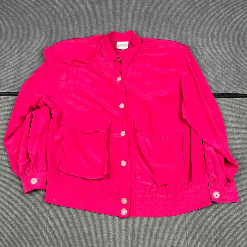 Nordstrom Town Square Vintage Silk Shirt Hot Pink Bomber Cargo Pocket Blouse M